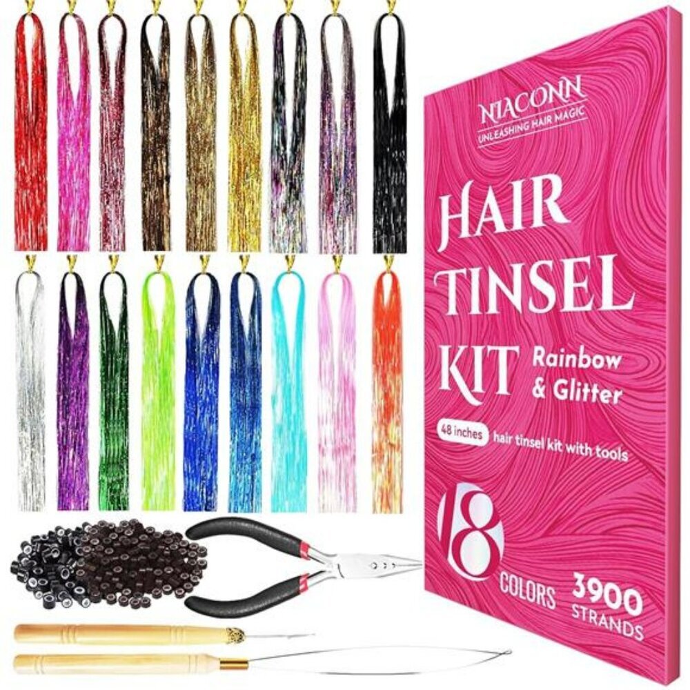 Hair Tinsel Extensions Kit 18 Colors Sparkly Strands with Beads Tools 48 Inch